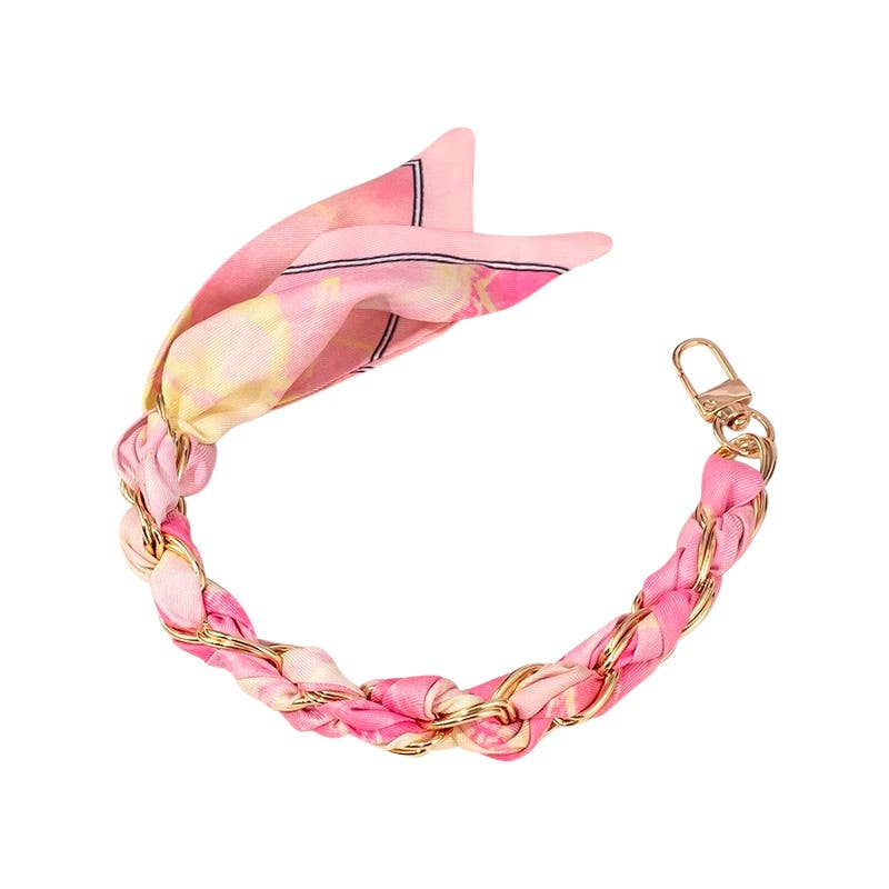 Gold Phone Chain with Scarf Pink Blue - Short