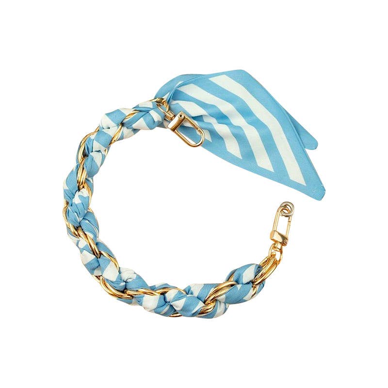 Gold Phone Chain with Scarf Blue and White Stripe - Short