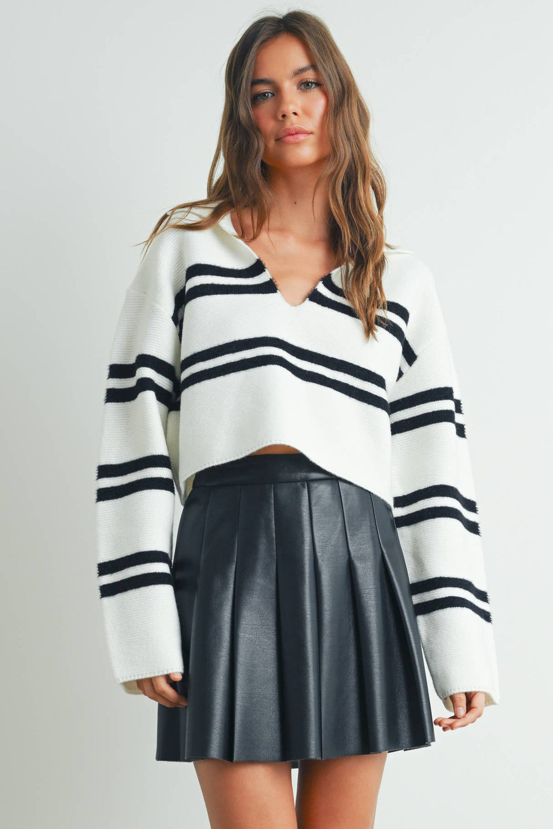 Stripe Crop Collar Sweater Top - BMW7393