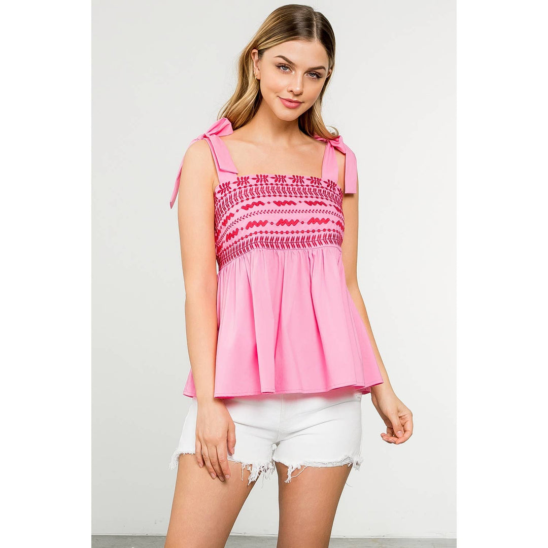 Tie Strap Embroidered Top