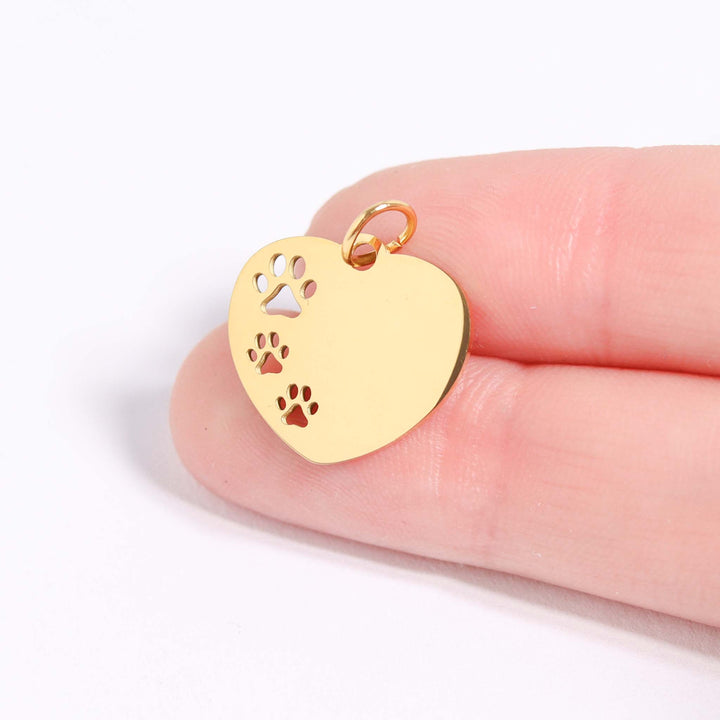 18K Gold PVD Stainless Steel Blank Paw Print Heart Charm