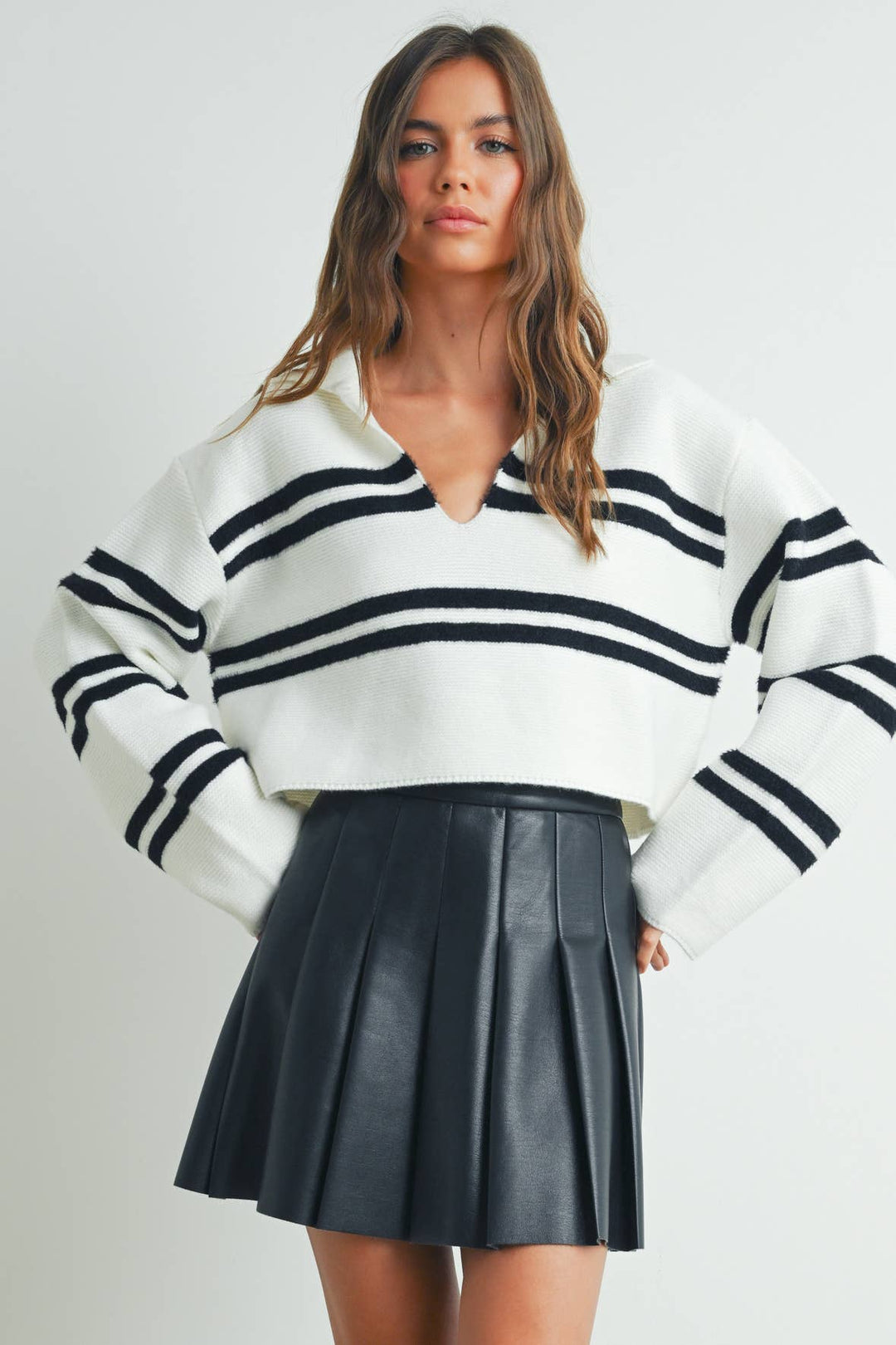 Stripe Crop Collar Sweater Top - BMW7393