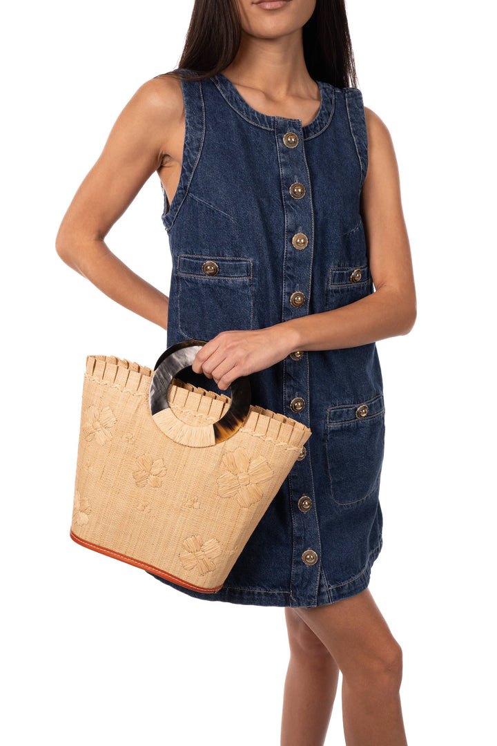 Daisy Straw Bucket Bag with Flower Embroidery & Horn Handle