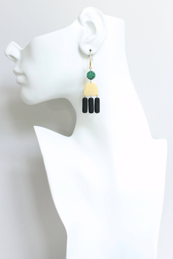 JLTE48 malachite and black glass earrings