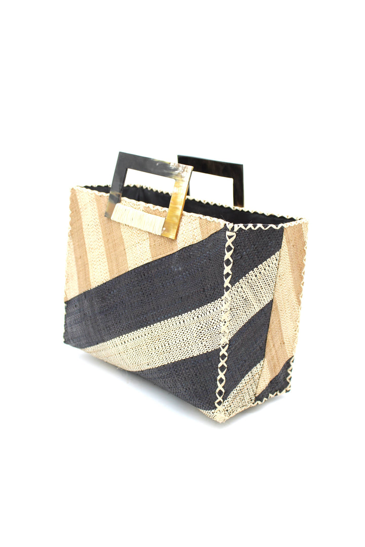 Stevie Double Wide Stripe Straw Handbag with Horn Handles