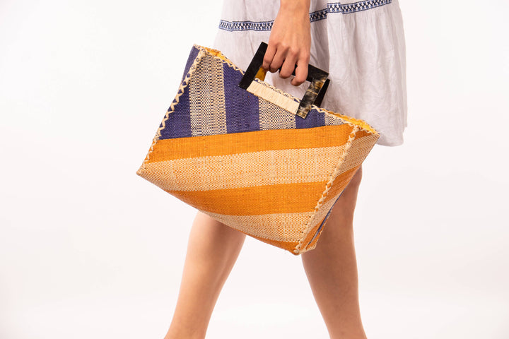 Stevie Double Wide Stripe Straw Handbag with Horn Handles