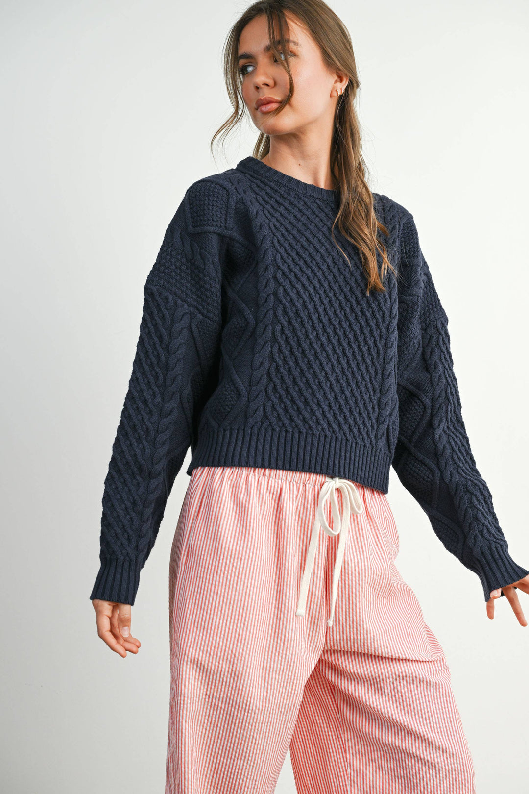 Fall Casual Solid Cable Knit Sweater - BMW7194