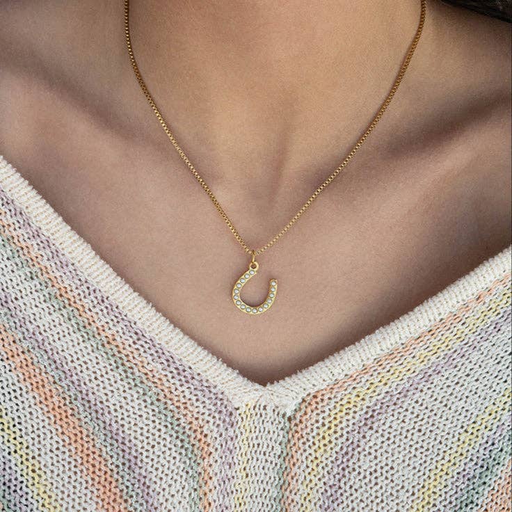 18K Gold PVD Stainless Steel Pearl Beaded Horseshoe Charm