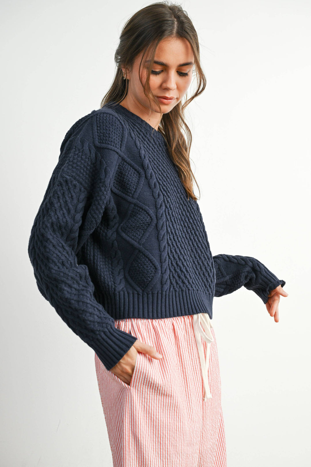 Fall Casual Solid Cable Knit Sweater - BMW7194