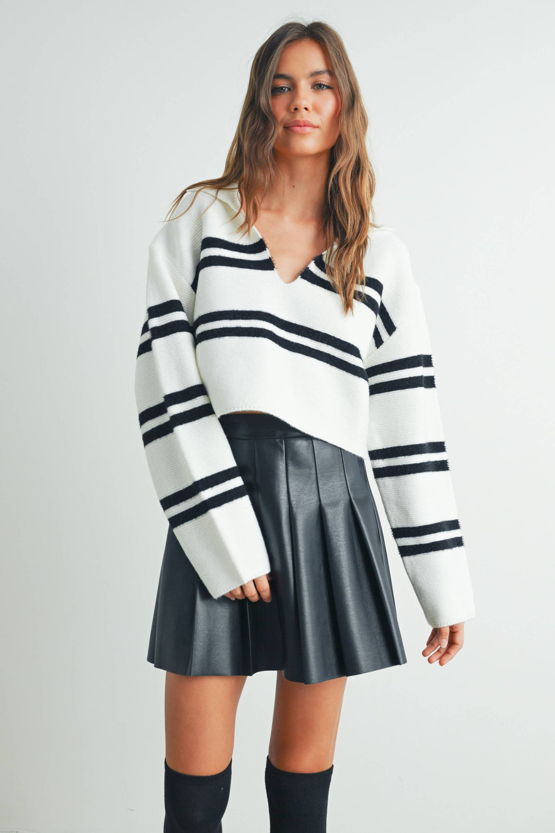 Stripe Crop Collar Sweater Top - BMW7393