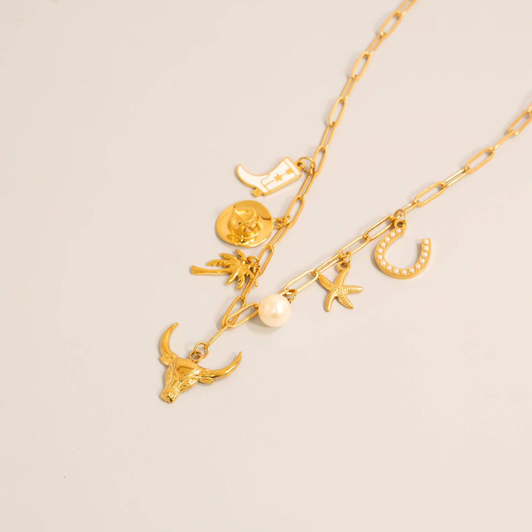 18K Gold PVD Stainless Steel Pearl Beaded Horseshoe Charm