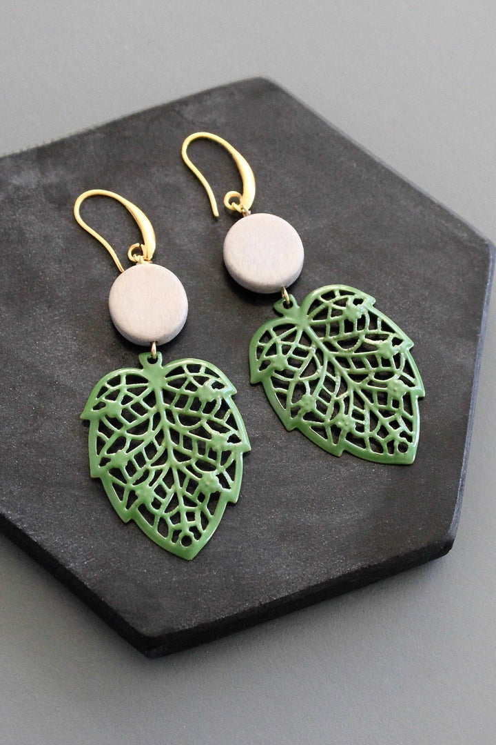 KYLE58 gray and green enameled leaf earrings