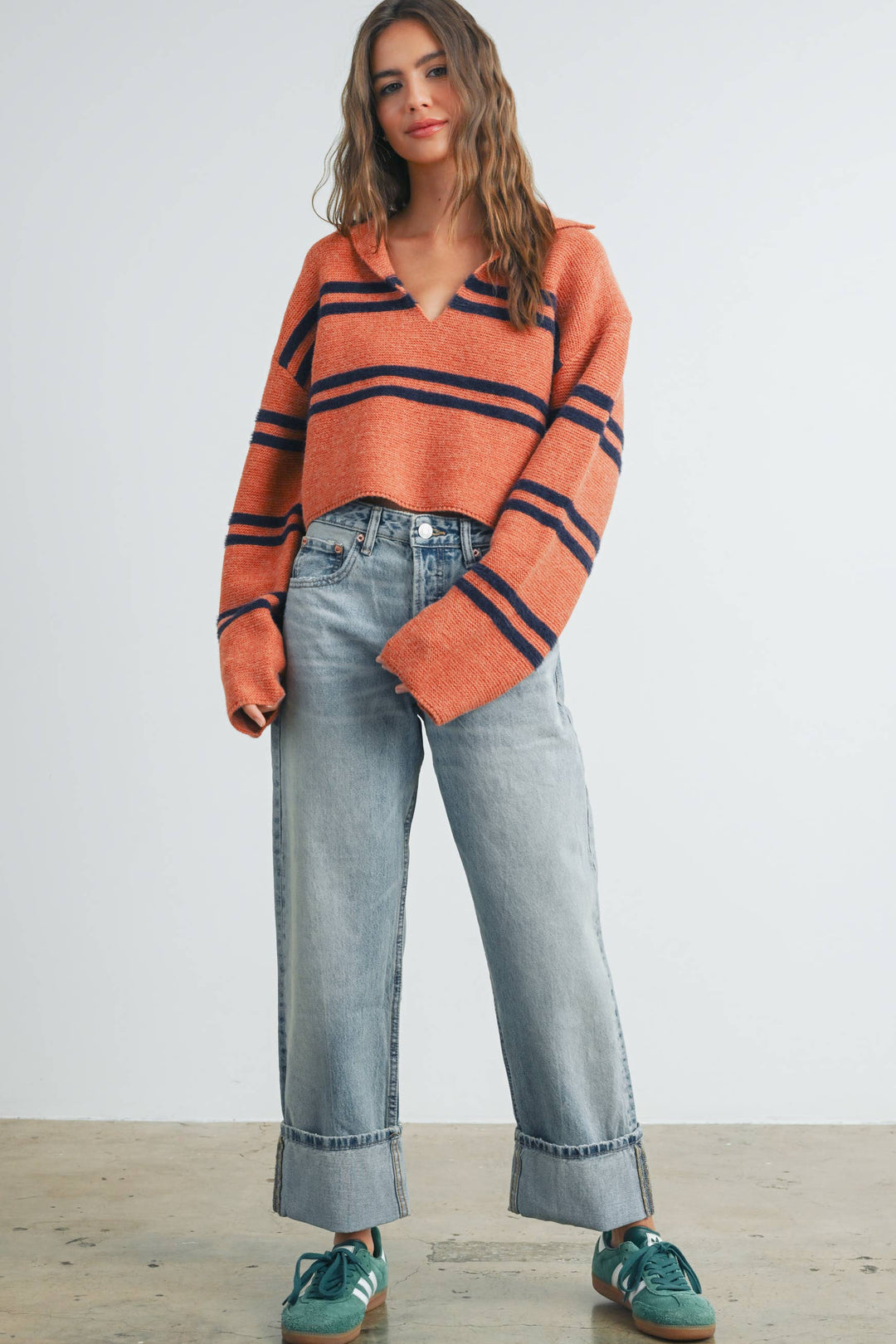 Stripe Crop Collar Sweater Top - BMW7393