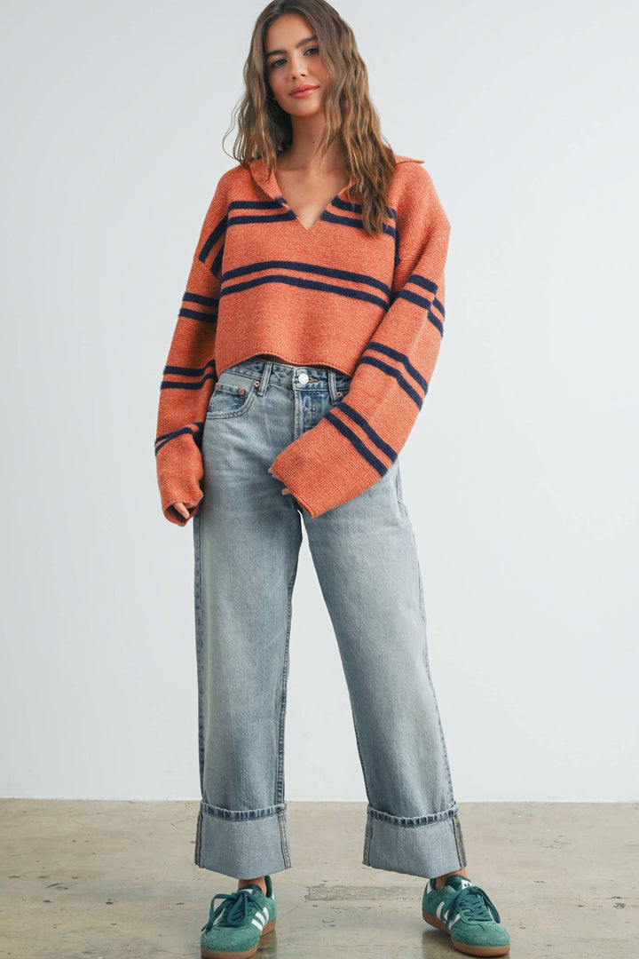 Stripe Crop Collar Sweater Top - BMW7393