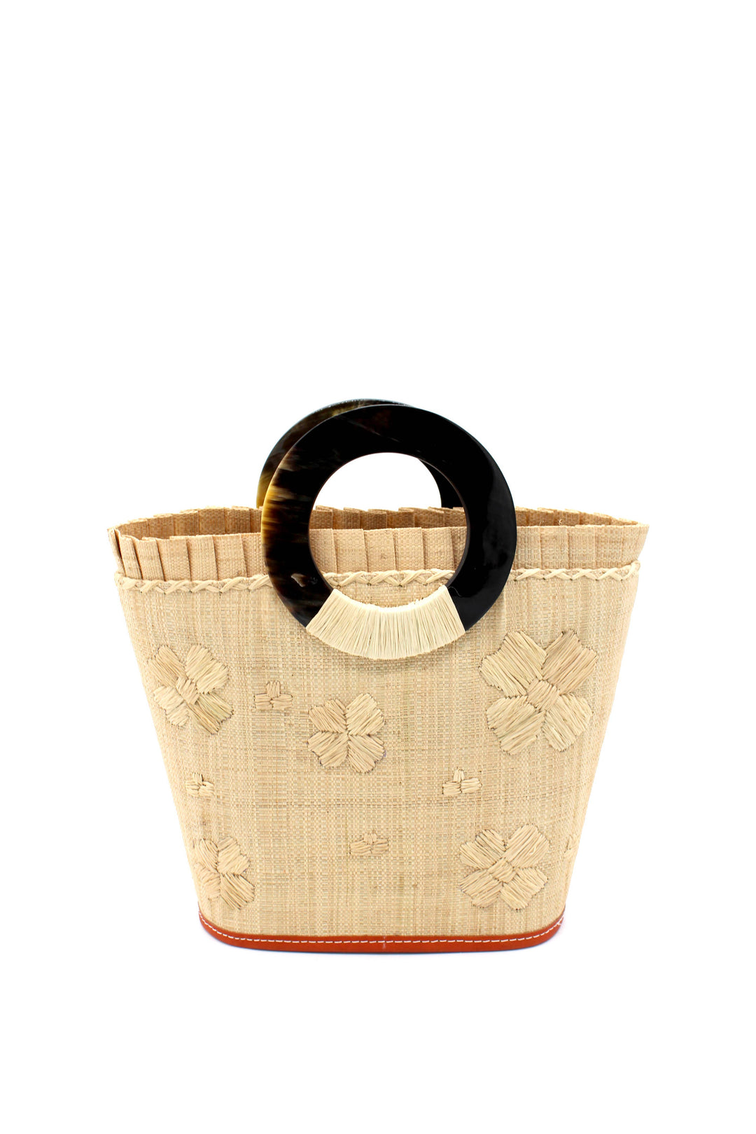 Daisy Straw Bucket Bag with Flower Embroidery & Horn Handle