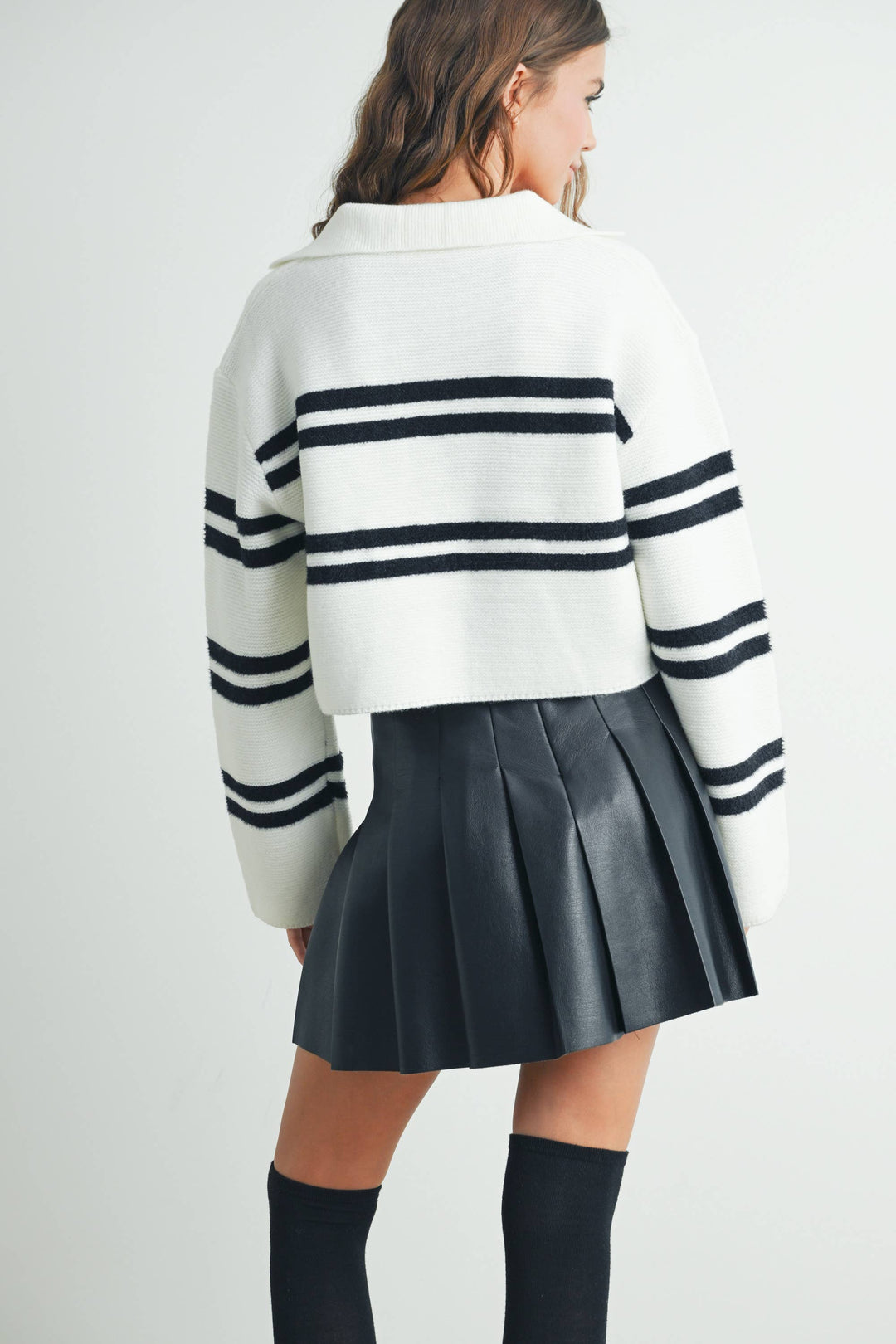 Stripe Crop Collar Sweater Top - BMW7393
