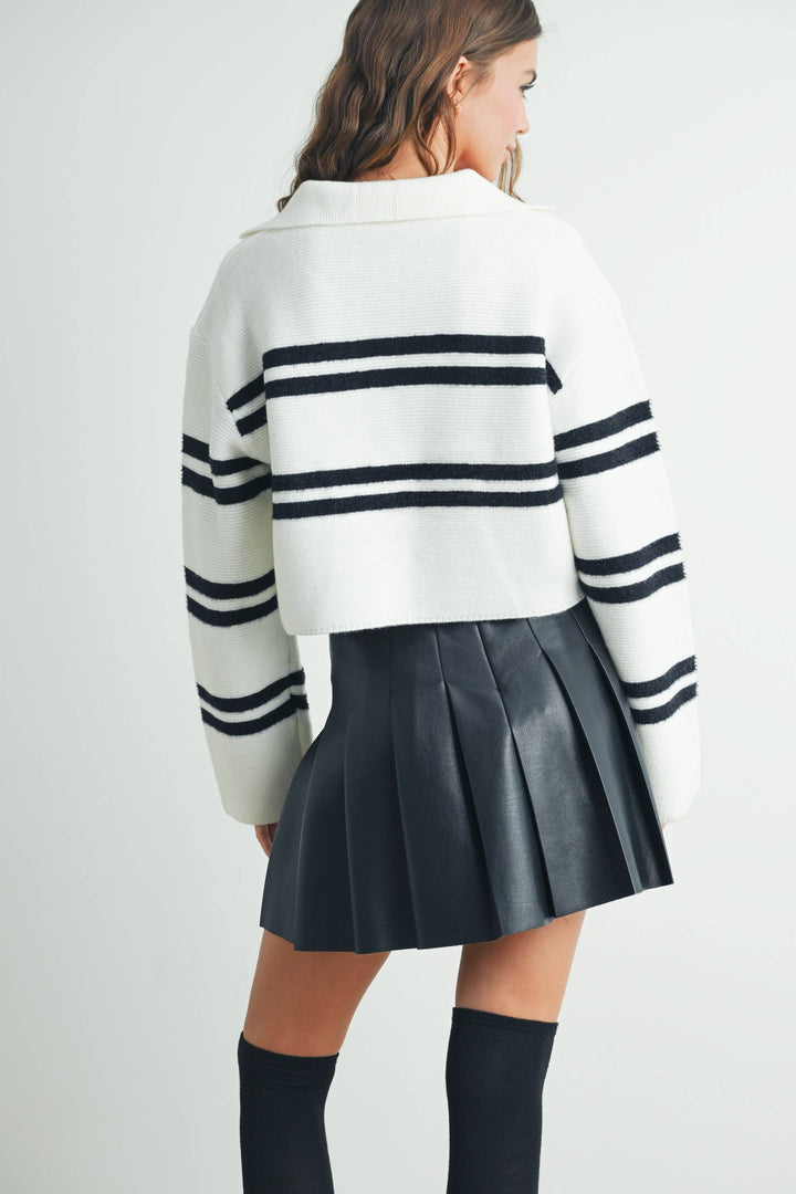 Stripe Crop Collar Sweater Top - BMW7393