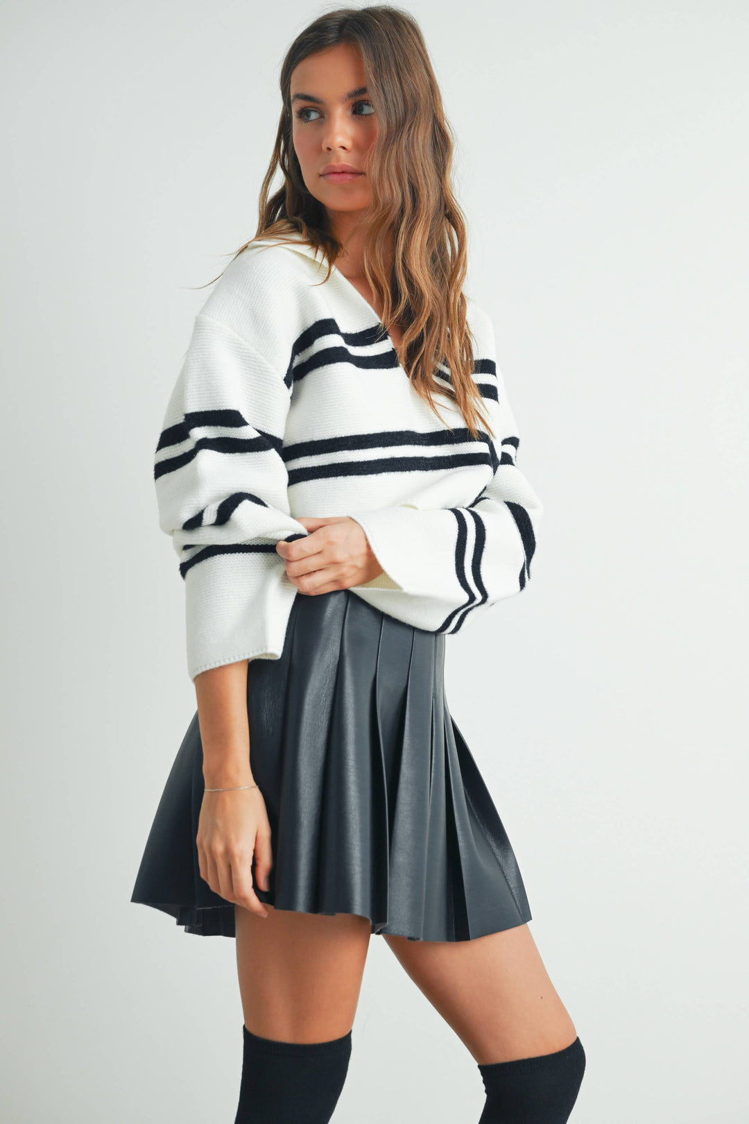 Stripe Crop Collar Sweater Top - BMW7393