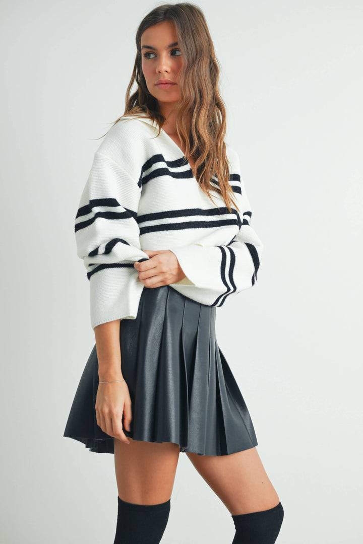 Stripe Crop Collar Sweater Top - BMW7393