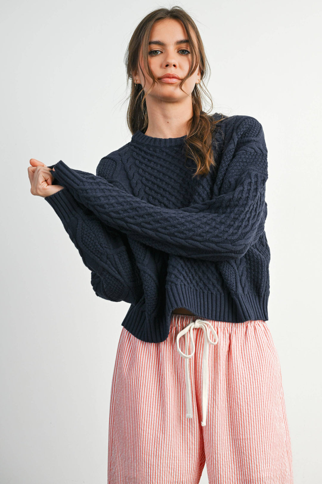 Fall Casual Solid Cable Knit Sweater - BMW7194