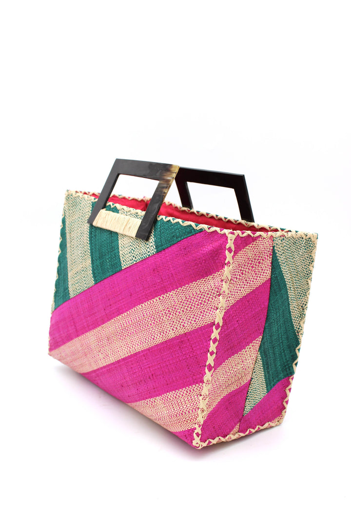 Stevie Double Wide Stripe Straw Handbag with Horn Handles