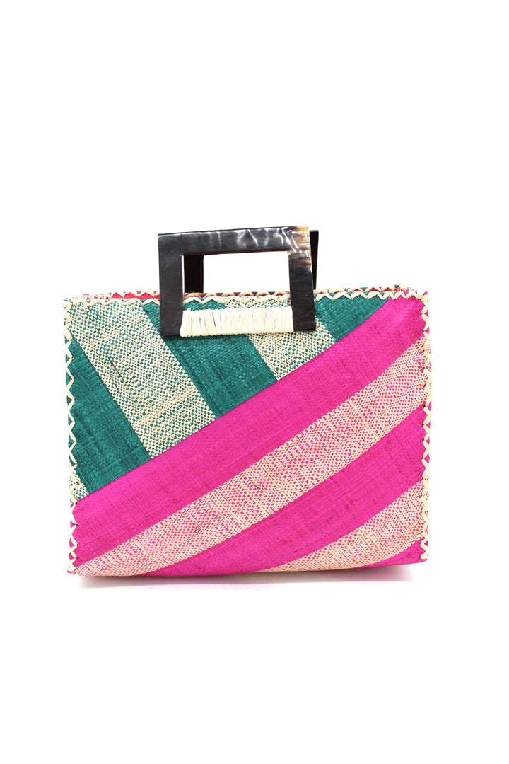 Stevie Double Wide Stripe Straw Handbag with Horn Handles