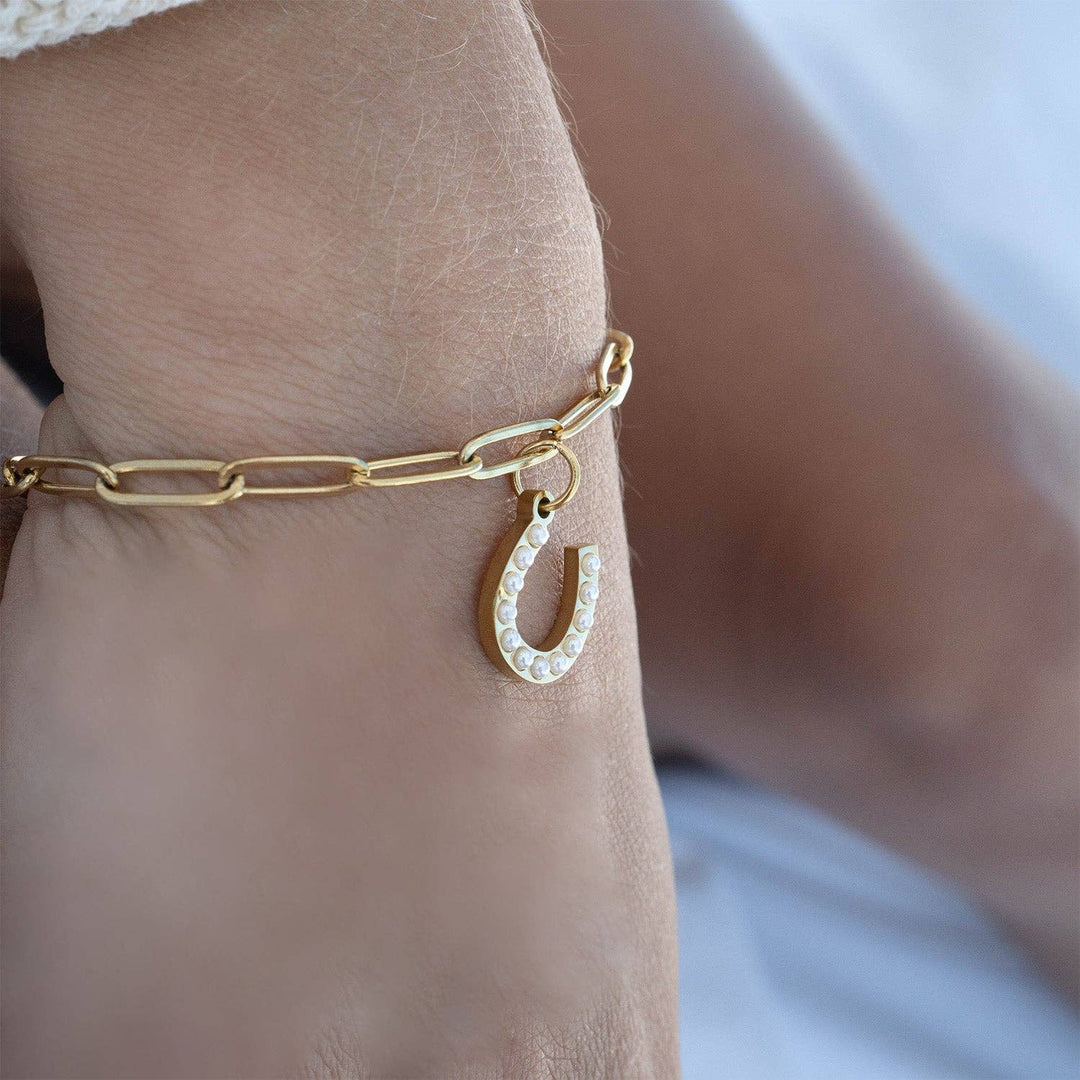 18K Gold PVD Stainless Steel Pearl Beaded Horseshoe Charm