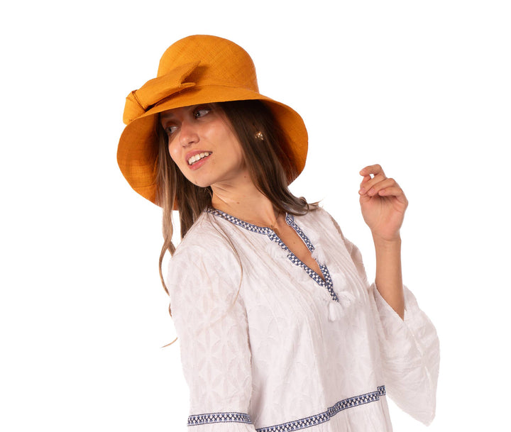 3" Brim Cara Bucket Straw Sun Hats with Big Bow