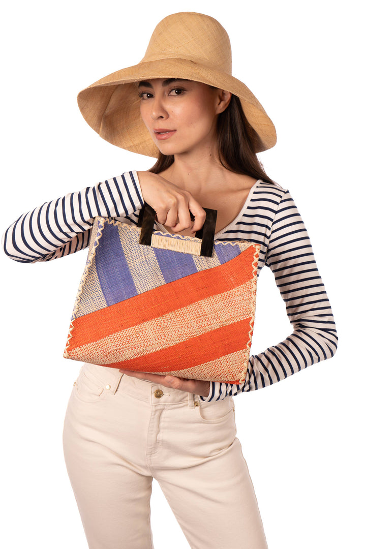 Stevie Double Wide Stripe Straw Handbag with Horn Handles