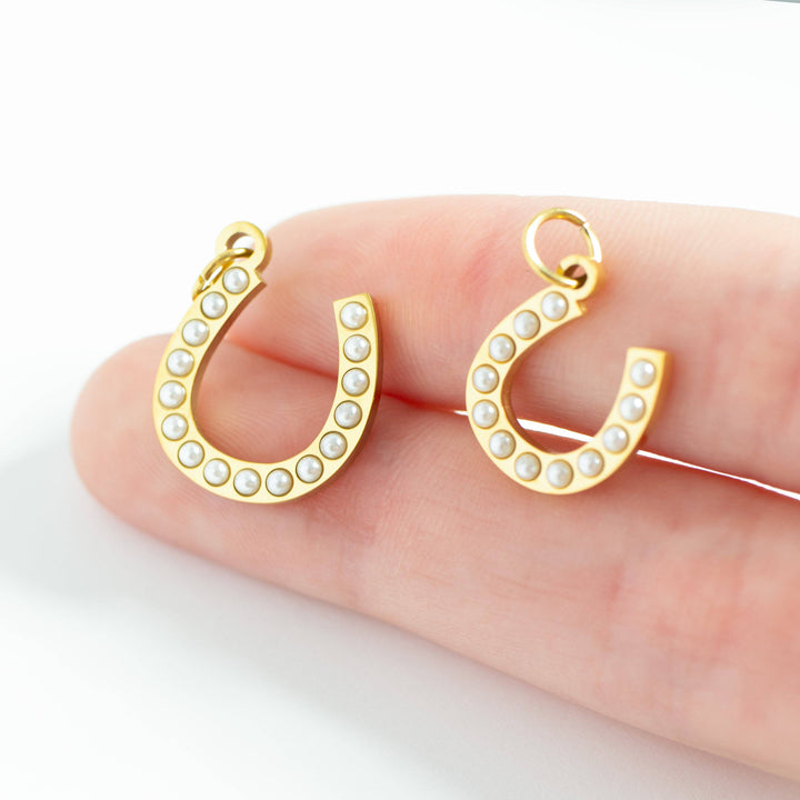 18K Gold PVD Stainless Steel Pearl Beaded Horseshoe Charm