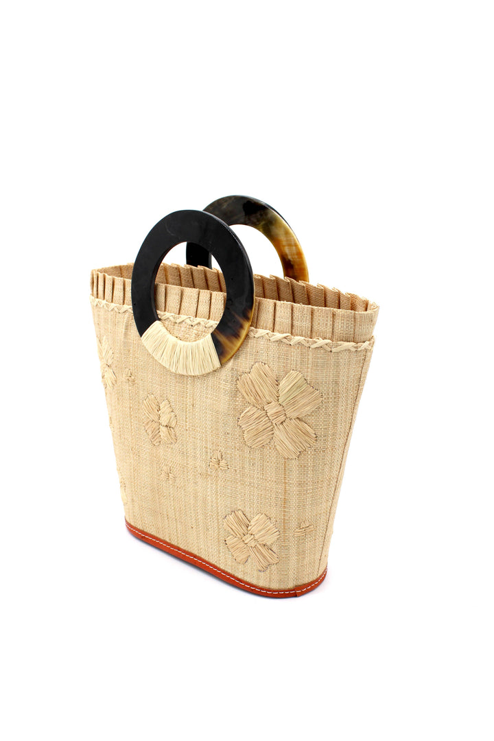 Daisy Straw Bucket Bag with Flower Embroidery & Horn Handle