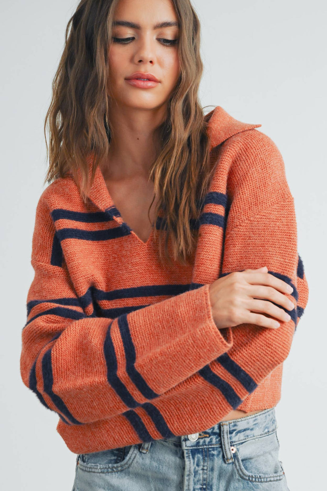 Stripe Crop Collar Sweater Top - BMW7393