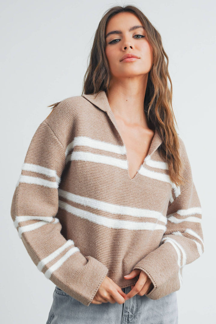 Stripe Crop Collar Sweater Top - BMW7393
